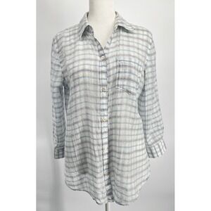 Theory Women Cotton Silk Sheer Plaid Button Down Shirt Quiet Luxury Coastal Sz M